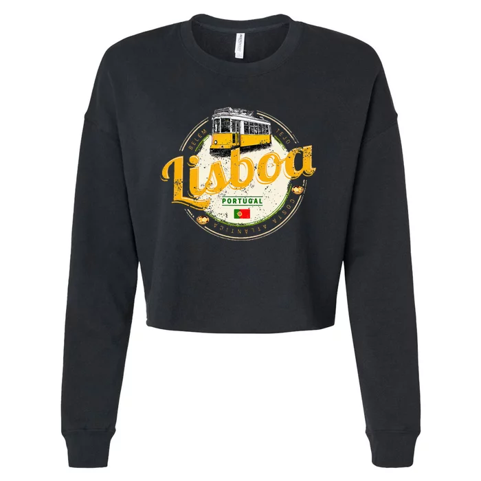 Lisbon Portugal With Retro Tram Vintage Souvenir Cropped Pullover Crew