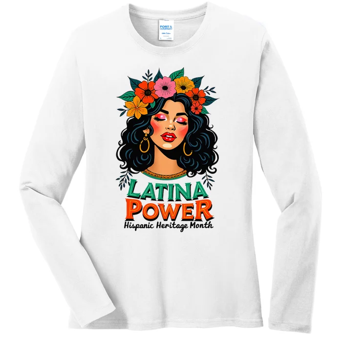 Latina Power Wo Hispanic Heritage Month 2024 Flowers Ladies Long Sleeve Shirt