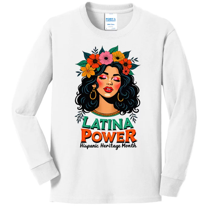 Latina Power Wo Hispanic Heritage Month 2024 Flowers Kids Long Sleeve Shirt