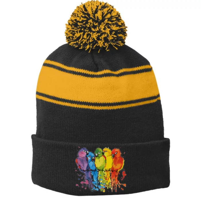 Love Parrot Wo Parrot Lovers Stripe Pom Pom Beanie