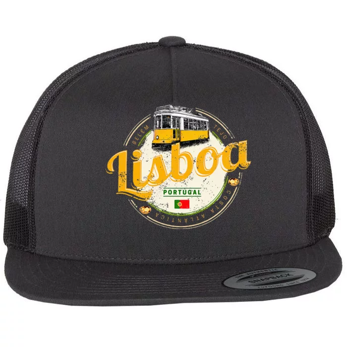 Lisbon Portugal With Retro Tram Vintage Souvenir Flat Bill Trucker Hat