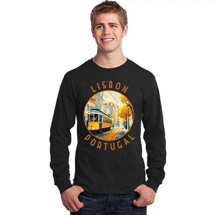 Lisbon Portugal Yellow Tram Retro Distressed Circle Long Sleeve Shirt