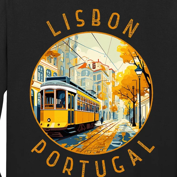 Lisbon Portugal Yellow Tram Retro Distressed Circle Long Sleeve Shirt