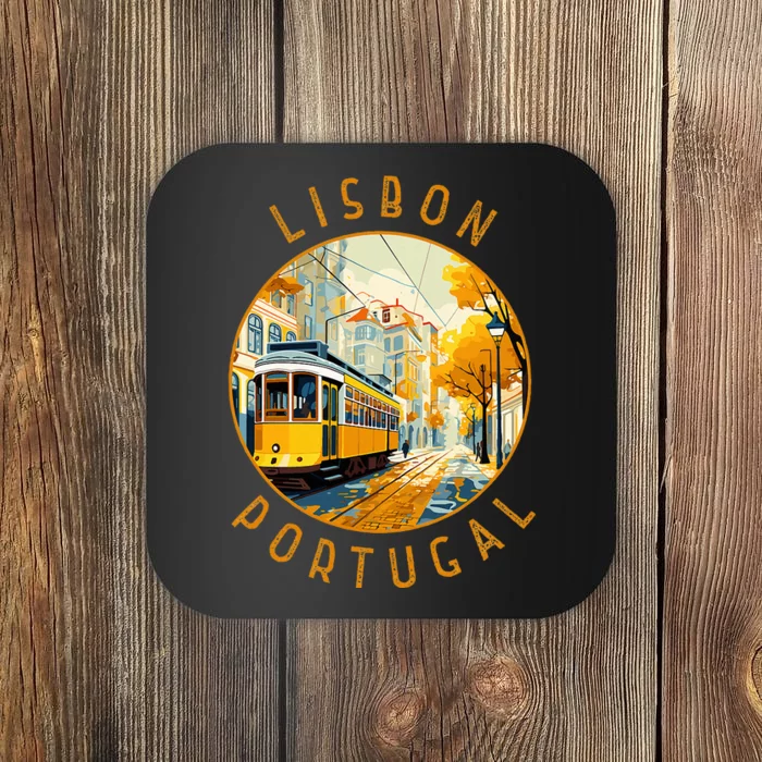 Lisbon Portugal Yellow Tram Retro Distressed Circle Coaster