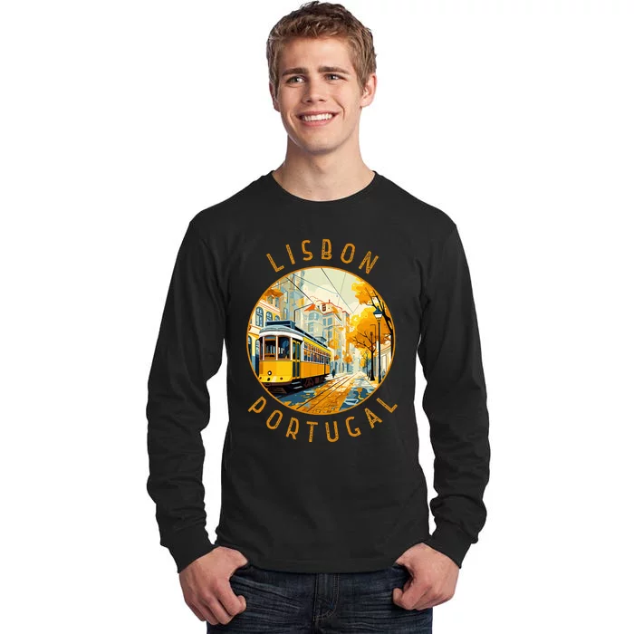 Lisbon Portugal Yellow Tram Retro Distressed Circle Tall Long Sleeve T-Shirt