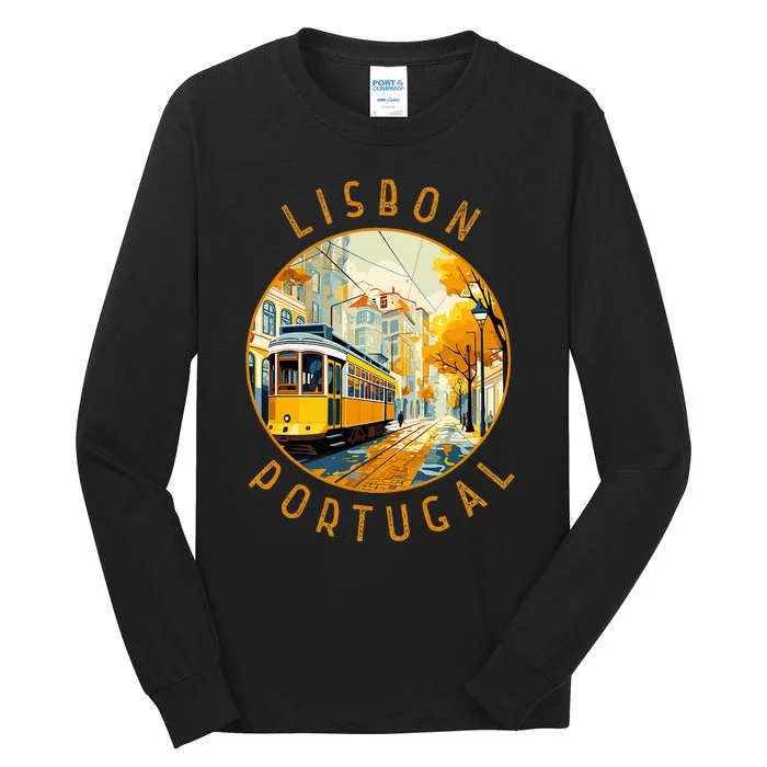 Lisbon Portugal Yellow Tram Retro Distressed Circle Tall Long Sleeve T-Shirt