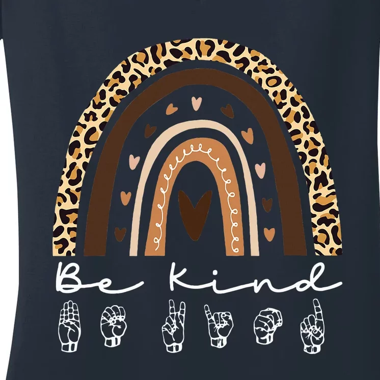 Leopard Rainbow Be Kind ASL Anti Bullying Unity Day Orange Women's V-Neck T-Shirt