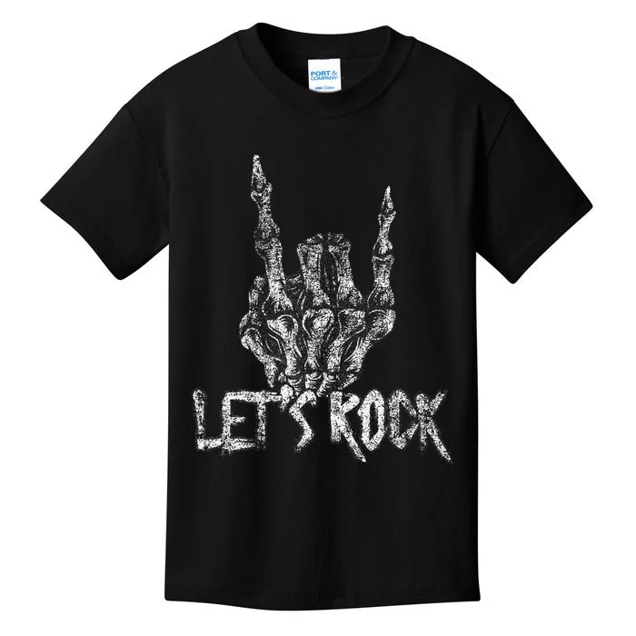 Lets Rock Band Rock And Roll Halloween Skeleton Hand Kids T-Shirt