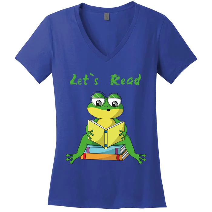 Lets Read Book Lover Reading Frogs Readers Reading Cool Gift Women's V-Neck T-Shirt