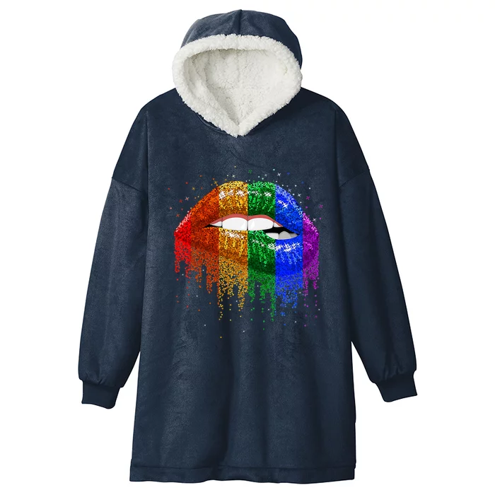 Lgbt Rainbow Bling Vintage Lips Pride Gay Bisexual Lesbian Gift Hooded Wearable Blanket