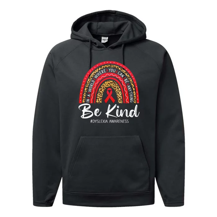 Leopard Rainbow Be Kind Red Ribbon Dyslexia Awareness Performance Fleece Hoodie