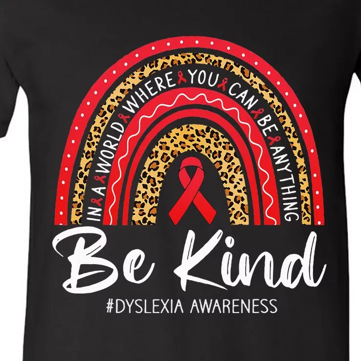 Leopard Rainbow Be Kind Red Ribbon Dyslexia Awareness V-Neck T-Shirt