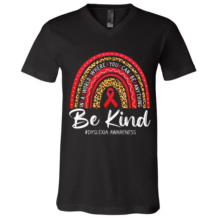 Leopard Rainbow Be Kind Red Ribbon Dyslexia Awareness V-Neck T-Shirt