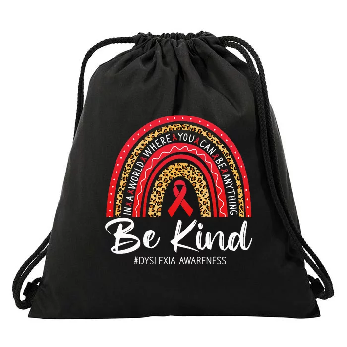 Leopard Rainbow Be Kind Red Ribbon Dyslexia Awareness Drawstring Bag