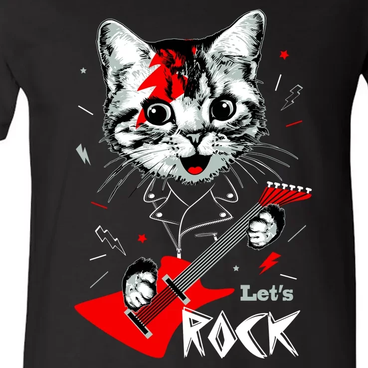 Lets Rock Cat Rock Band Guitar Rock And Roll V-Neck T-Shirt