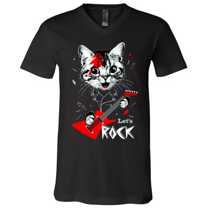 Lets Rock Cat Rock Band Guitar Rock And Roll V-Neck T-Shirt