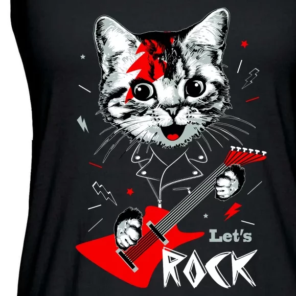 Lets Rock Cat Rock Band Guitar Rock And Roll Ladies Essential Flowy Tank