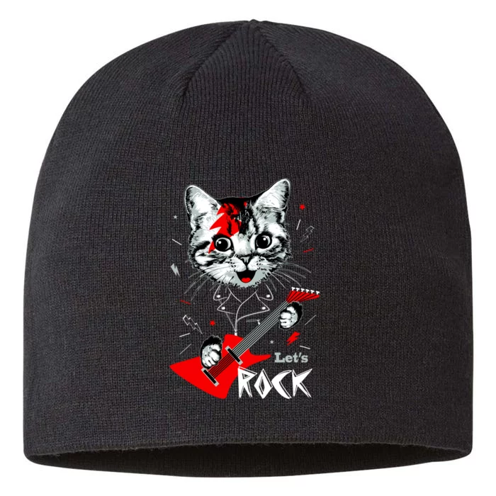 Lets Rock Cat Rock Band Guitar Rock And Roll 8 1/2in Sustainable Knit Beanie