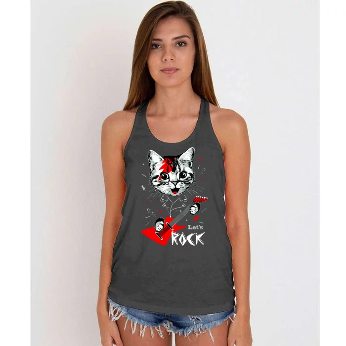 Lets Rock Cat Rock Band Guitar Rock And Roll Women's Knotted Racerback Tank