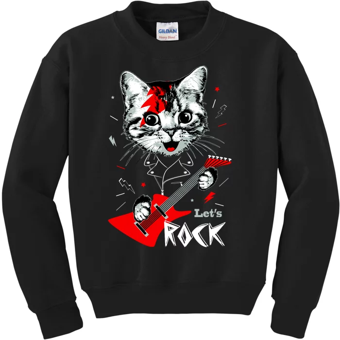 Lets Rock Cat Rock Band Guitar Rock And Roll Kids Sweatshirt