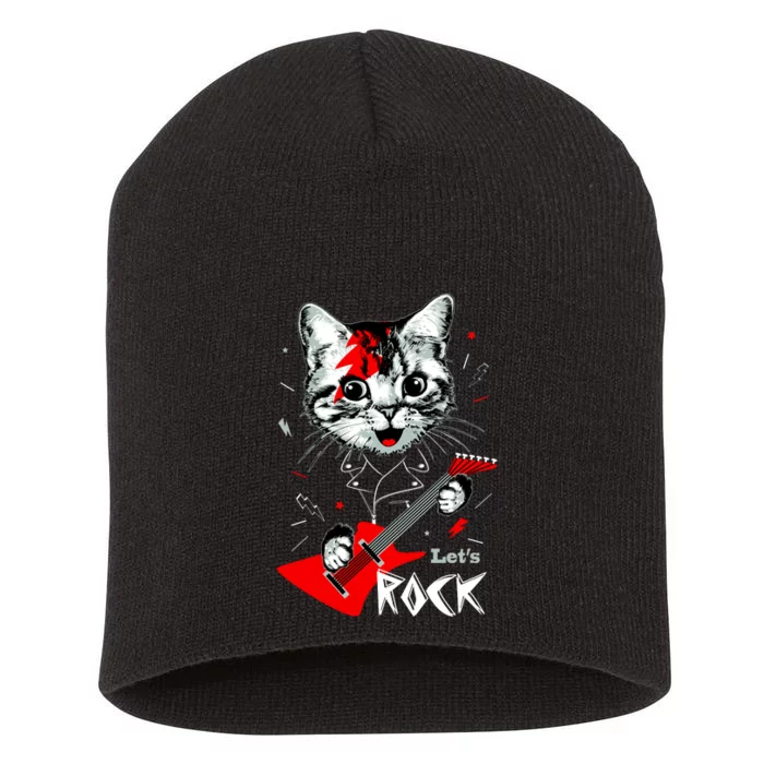 Lets Rock Cat Rock Band Guitar Rock And Roll Short Acrylic Beanie