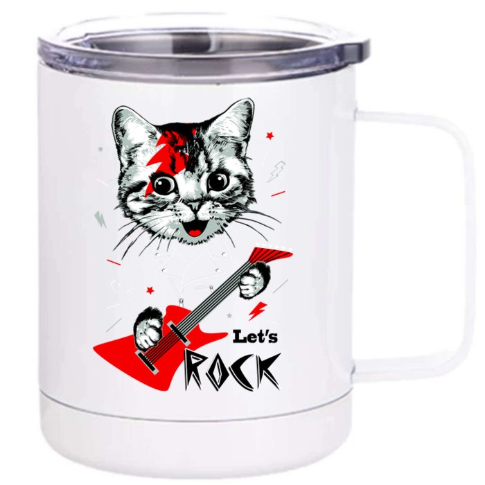 Lets Rock Cat Rock Band Guitar Rock And Roll Front & Back 12oz Stainless Steel Tumbler Cup