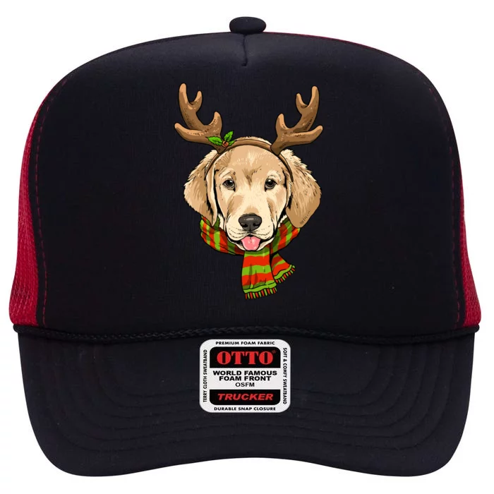 Labrador Retriever Christmas Reindeer Antlers Dog Xmas Gift High Crown Mesh Trucker Hat