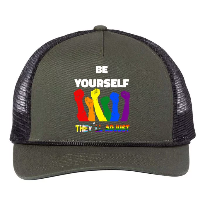 LGBTQI+ Rainbow Flag Be Yourself Theyll Adjust Retro Rope Trucker Hat Cap