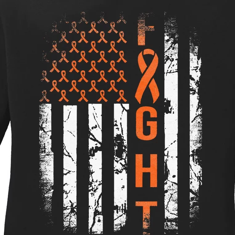 Leukemia Ribbon Fight American Flag Leukemia Awareness Ladies Long Sleeve Shirt