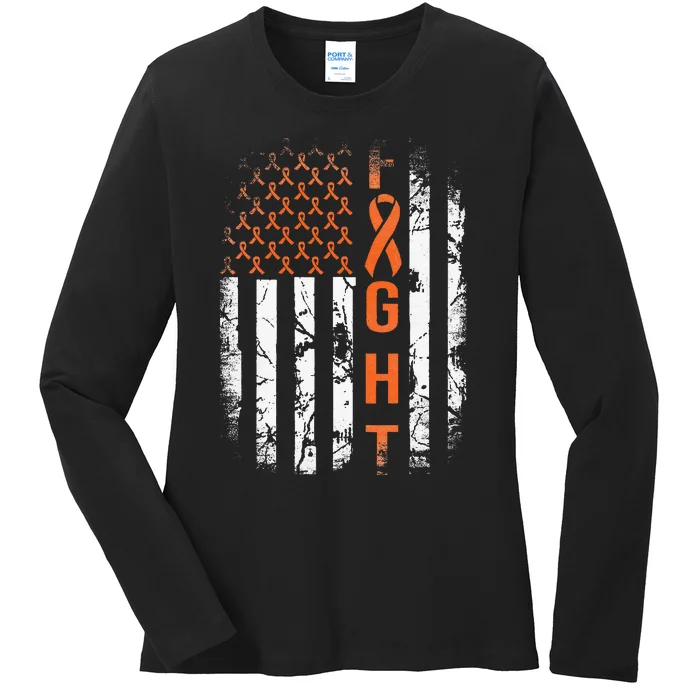 Leukemia Ribbon Fight American Flag Leukemia Awareness Ladies Long Sleeve Shirt