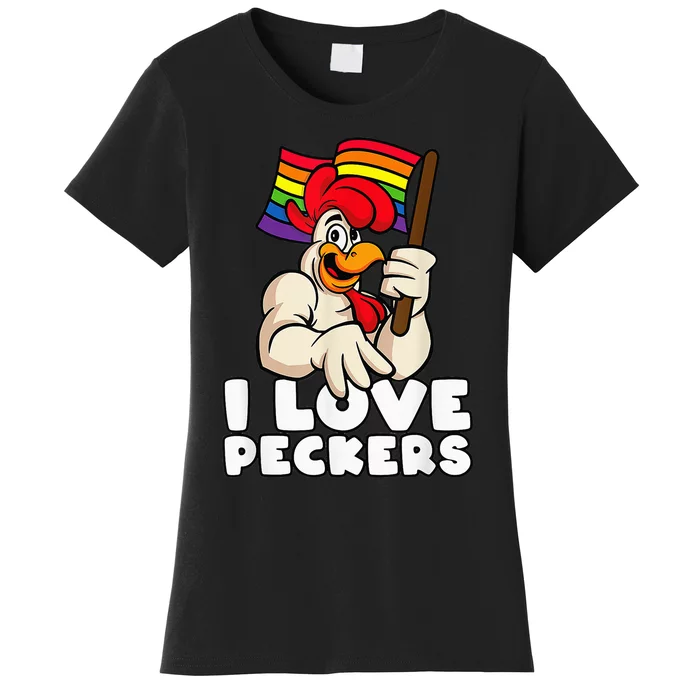 LGBT Rainbow Flag Rooster Pun I Love Peckers Gay Chicken Dad Women's T-Shirt