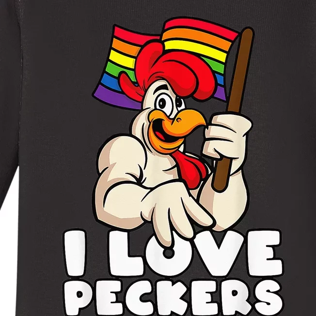 LGBT Rainbow Flag Rooster Pun I Love Peckers Gay Chicken Dad Baby Long Sleeve Bodysuit