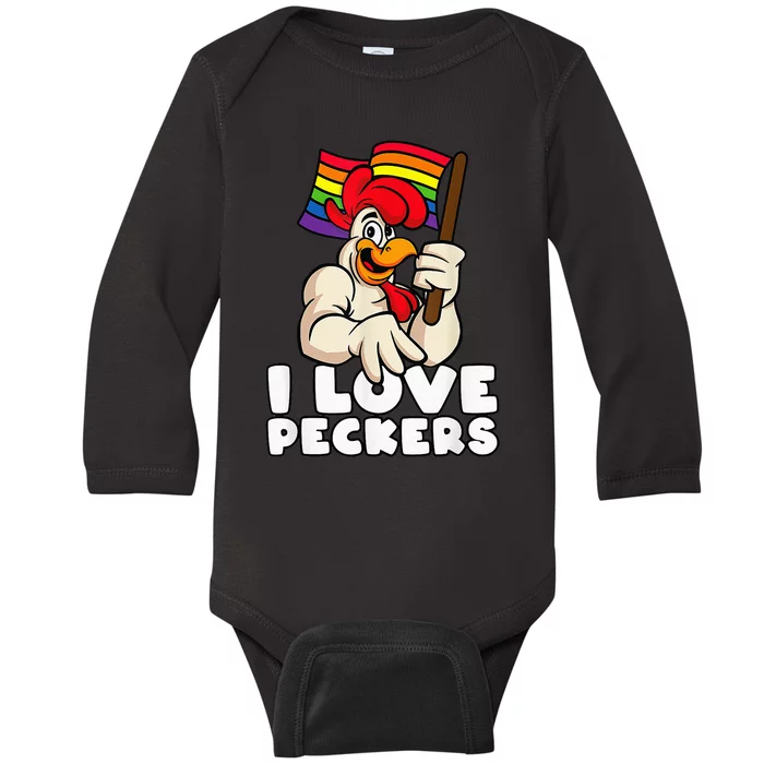 LGBT Rainbow Flag Rooster Pun I Love Peckers Gay Chicken Dad Baby Long Sleeve Bodysuit