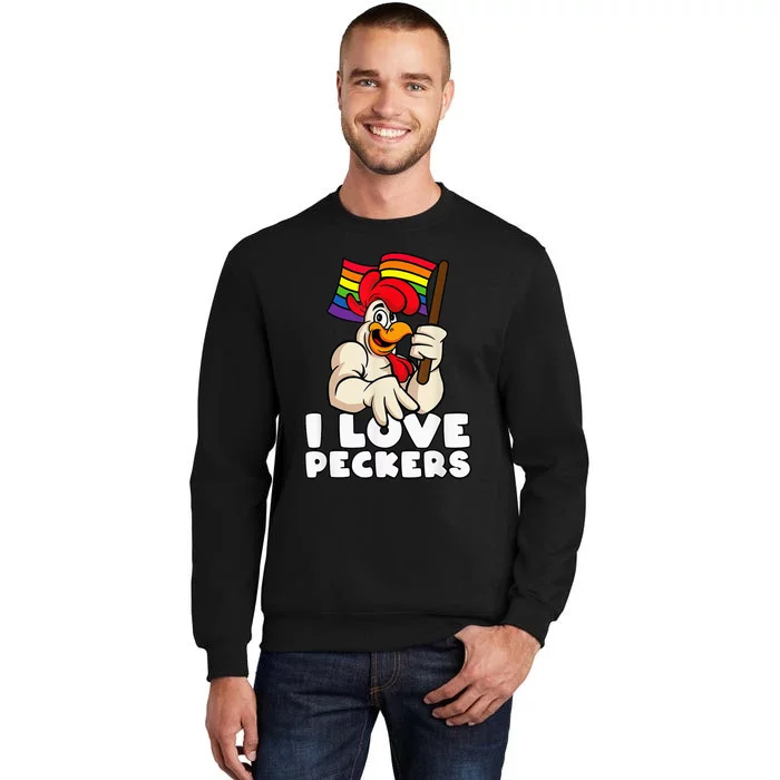 LGBT Rainbow Flag Rooster Pun I Love Peckers Gay Chicken Dad Tall Sweatshirt