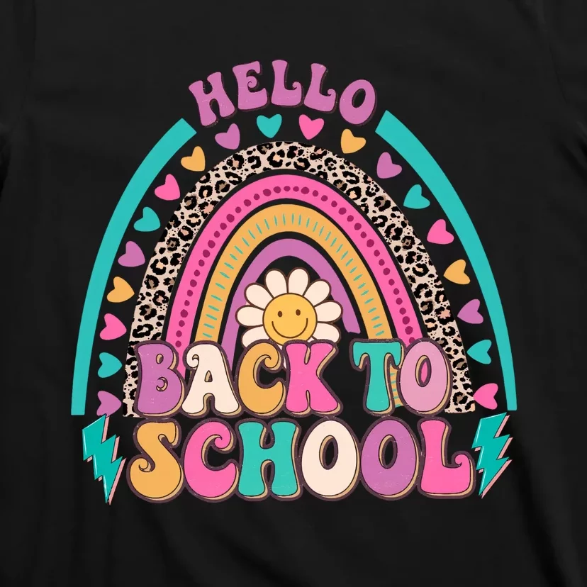 Leopard Rainbow Hello Back To School Teacher First Day Of School T-Shirt