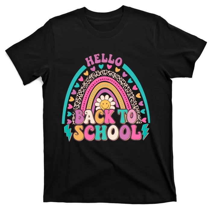 Leopard Rainbow Hello Back To School Teacher First Day Of School T-Shirt