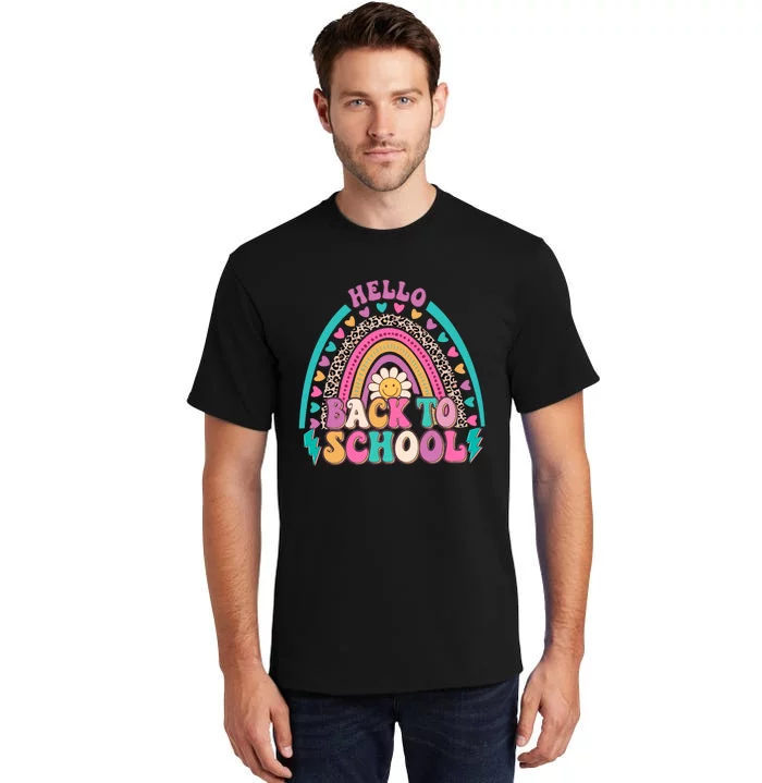 Leopard Rainbow Hello Back To School Teacher First Day Of School Tall T-Shirt