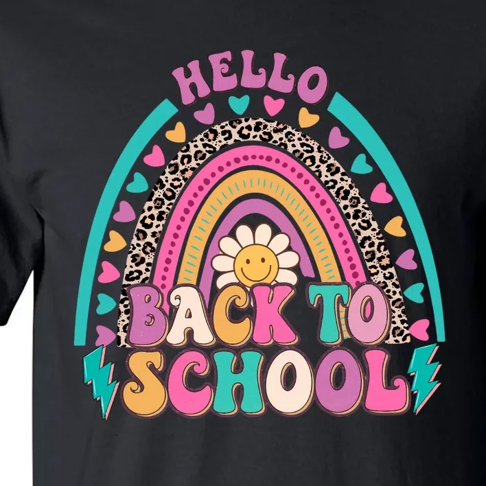 Leopard Rainbow Hello Back To School Teacher First Day Of School Tall T-Shirt