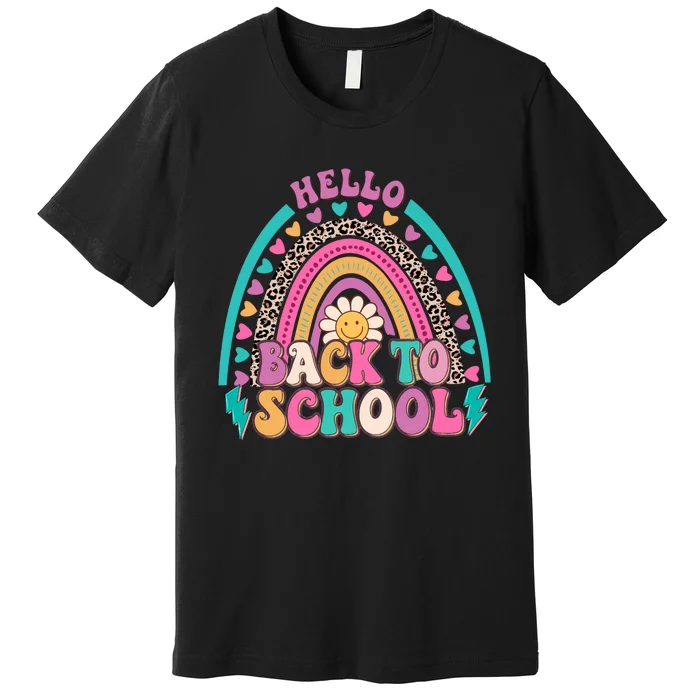 Leopard Rainbow Hello Back To School Teacher First Day Of School Premium T-Shirt