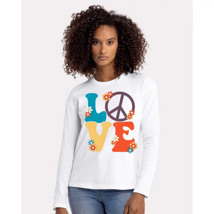 Love Retro Hippie Floral Peace Sign Womens Cotton Relaxed Long Sleeve T-Shirt