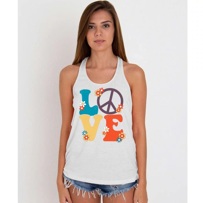 Love Retro Hippie Floral Peace Sign Women's Knotted Racerback Tank