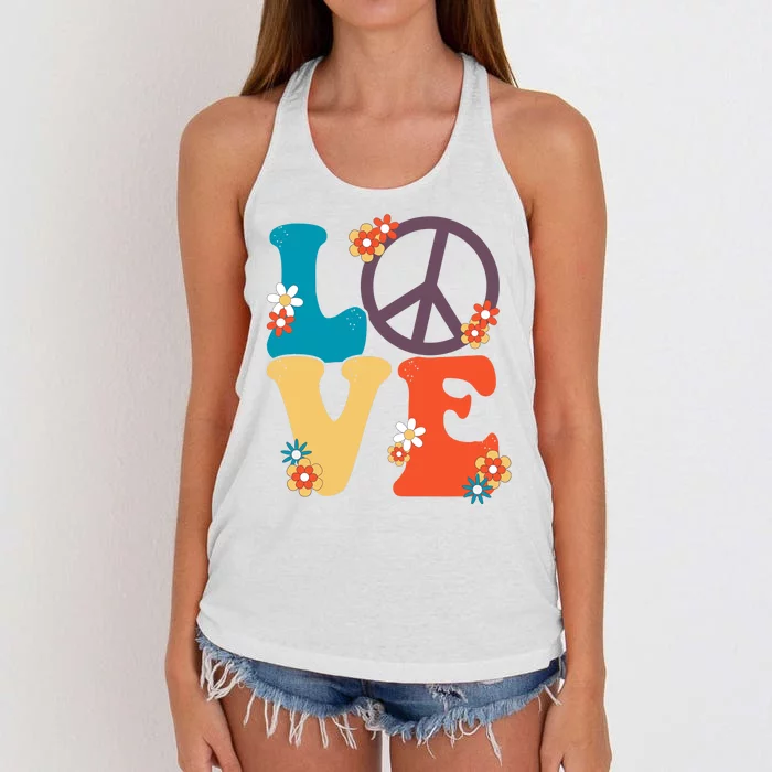 Love Retro Hippie Floral Peace Sign Women's Knotted Racerback Tank