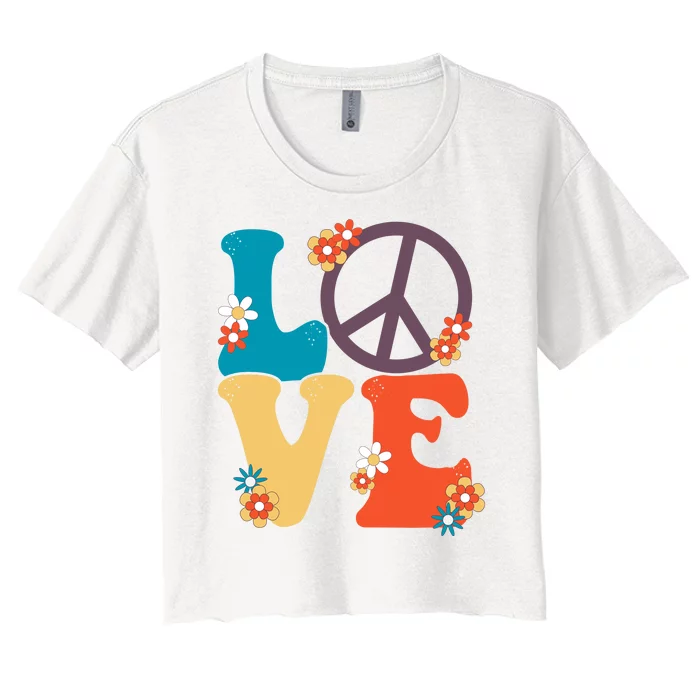 Love Retro Hippie Floral Peace Sign Women's Crop Top Tee