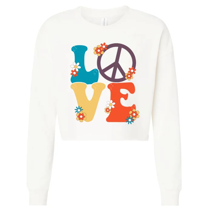 Love Retro Hippie Floral Peace Sign Cropped Pullover Crew