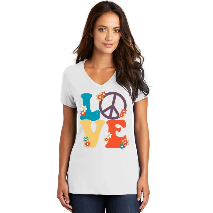 Love Retro Hippie Floral Peace Sign Women's V-Neck T-Shirt