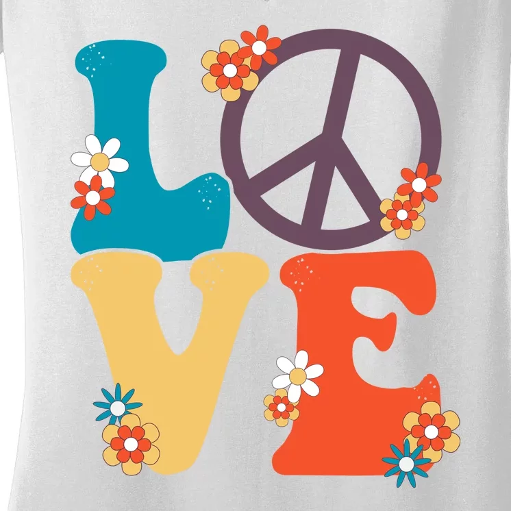 Love Retro Hippie Floral Peace Sign Women's V-Neck T-Shirt