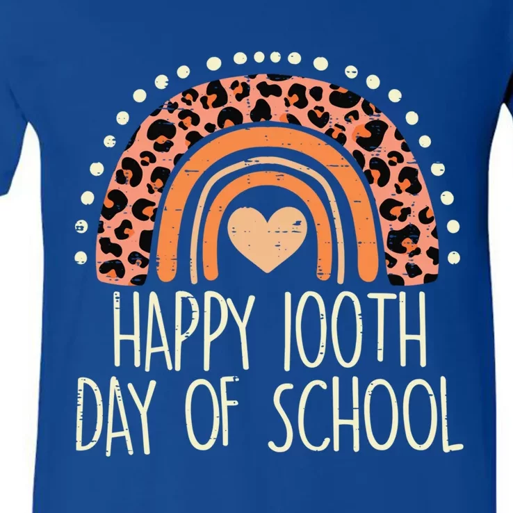 Leopard Rainbow Happy 100th Day School Cute 100 Days Teacher Great Gift V-Neck T-Shirt