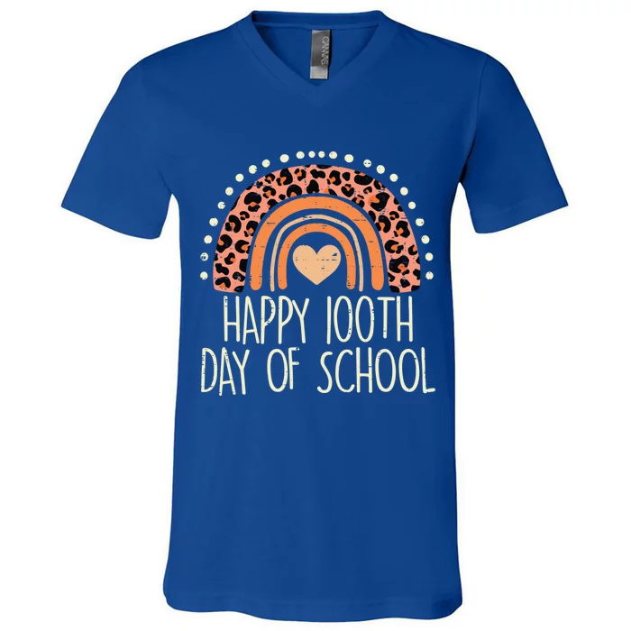 Leopard Rainbow Happy 100th Day School Cute 100 Days Teacher Great Gift V-Neck T-Shirt