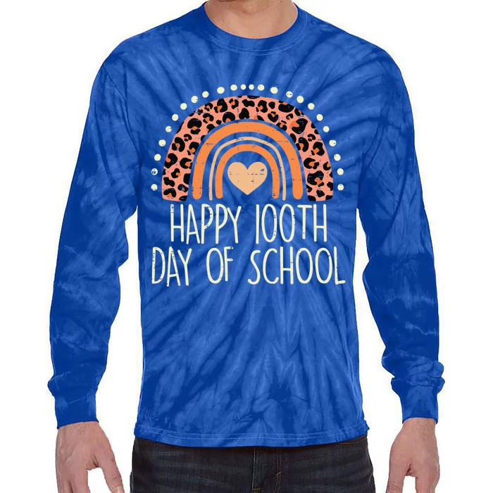 Leopard Rainbow Happy 100th Day School Cute 100 Days Teacher Gift Tie-Dye Long Sleeve Shirt