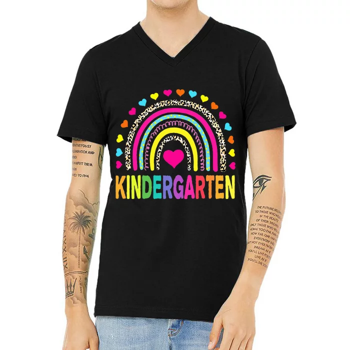 Leopard Rainbow Kindergarten Teacher First Day of School V-Neck T-Shirt